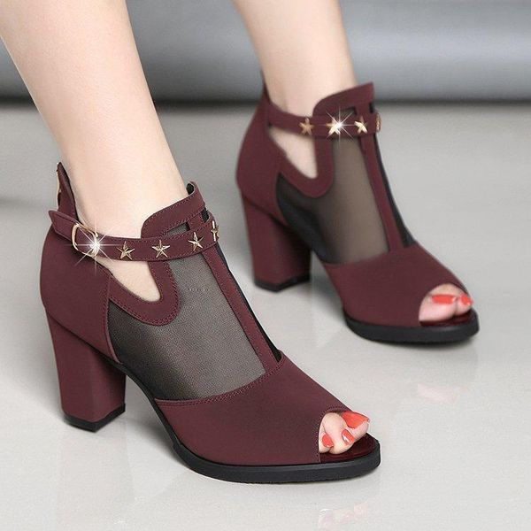 

breathable mesh high heels sandals women summer shoes fashion metal decoration square heel zipper female, Black