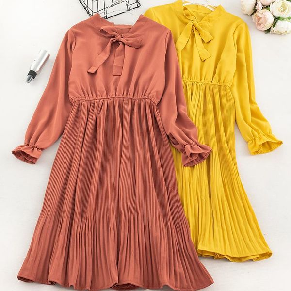 

casual dresses elegant women spring autumn petal sleeve bandage strap ruffles bow dress female elastic slim pullover pleated chiffon midi, Black;gray