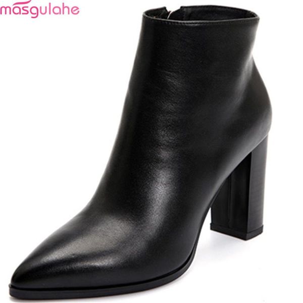 

boots masgulahe black fashion arrival women shoes pointed toe ladies thick heels genuine leather zipper ankle