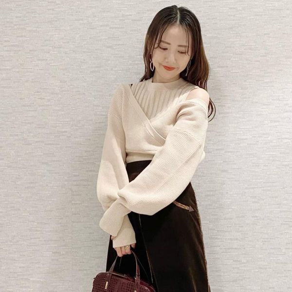 

women's sweaters vintage shoulder strapless knit sweater women pullover long sleeve solid pull femme spring 2021 slim fit sueter mujer, White;black