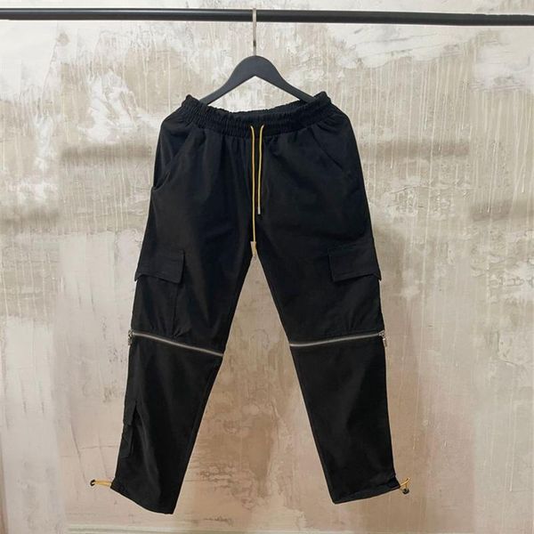 

pants men women removable zipper drawstring cargo multifunctional flap pockets overalls clothing men's, Black