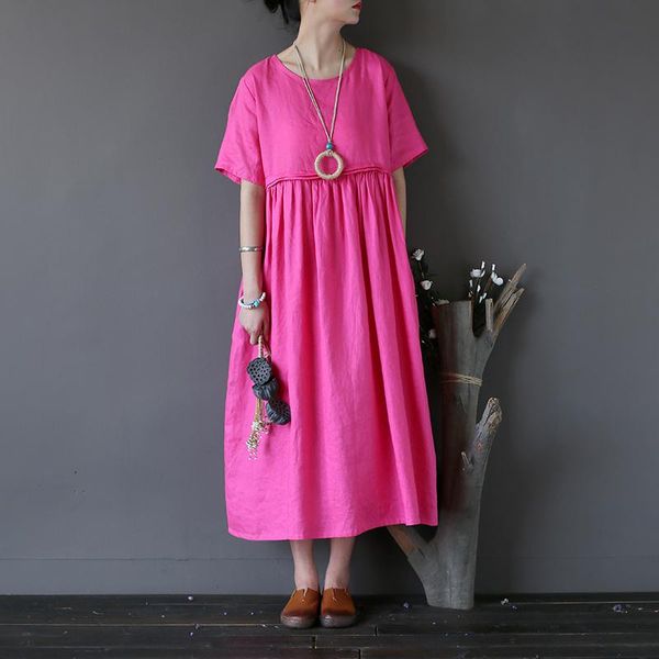 

casual dresses johnature high waist dress 2021 summer women linen loose comfortably o-neck a-linen vintage short sleeve, Black;gray