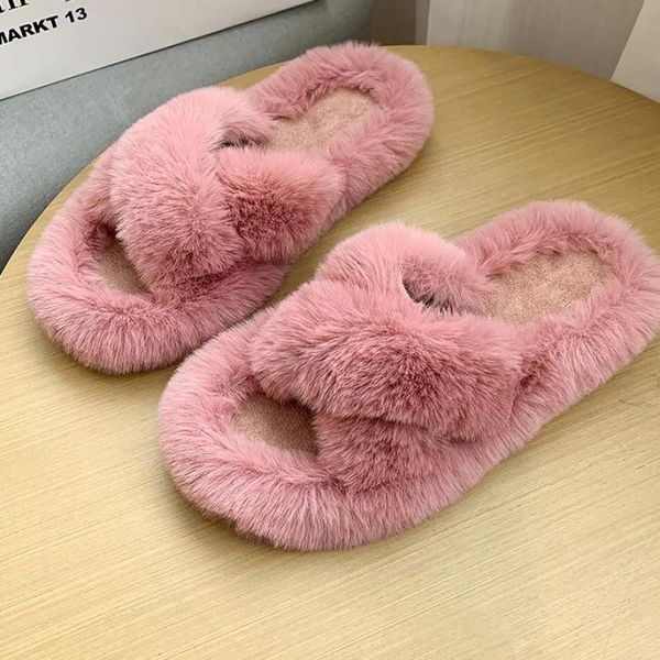 

slippers shoes flat luxury winter footwear flock fur flip flops designer plush rubber basic with ytmtloy 2022 indoor zapato muje, Black