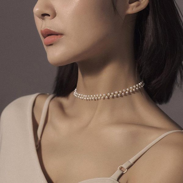 

chokers fashion female simple ol temperament fresh water pearl woven choker chain adjustment short chocker necklace, Golden;silver