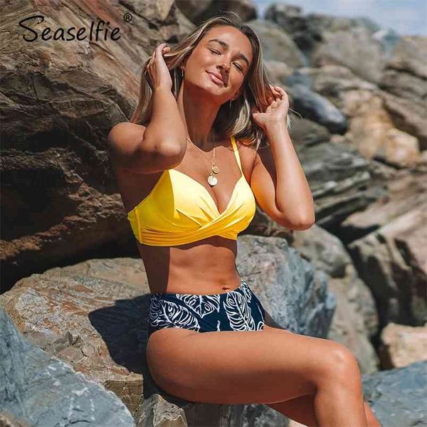 

seaselfie push up high waist bikini sets women yellow and palm print bikini two pieces swimsuits beach swimming suit 210407, White;black
