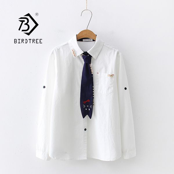 

New Arrival Women Cartoon Cat Embroidery Cotton White Shirt Turn-Down Collar Button Up Cute Girls Blouse With Tie Feminina Blusa