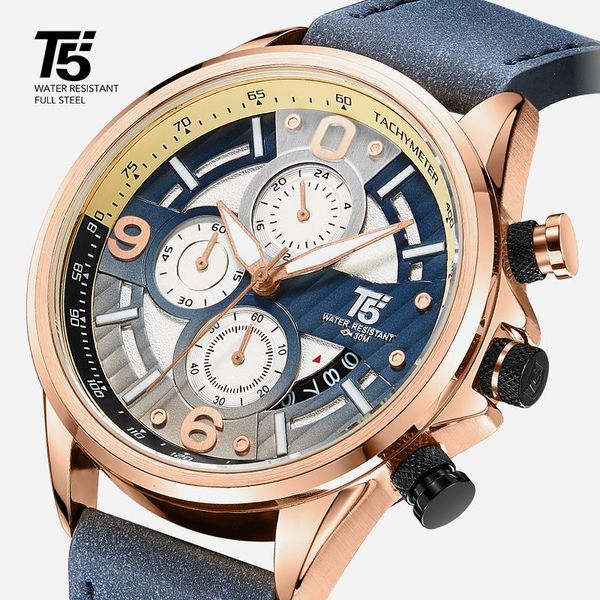 

t5 leather band man designer quartz chronograph waterproof mens watches wristwatches sport watch, Slivery;brown