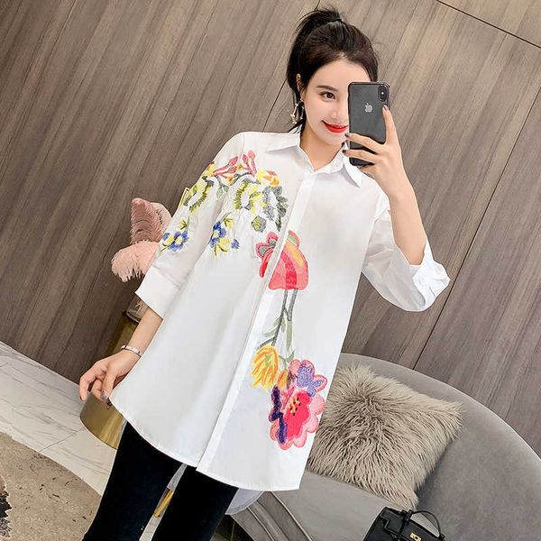 

embroidery shirt spring and summer plus size loose short before long after lantern sleeve blouse women 210615, White