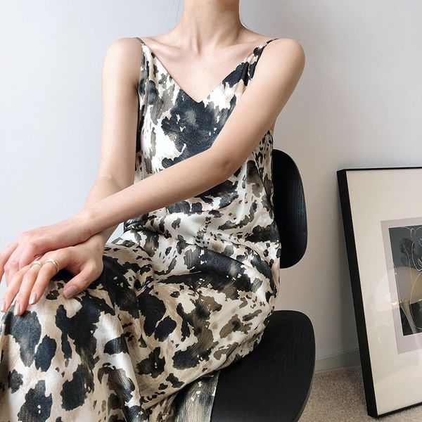 

retro frosty french chiffon ink painting printed dress women's summer v neck fashion sleeveless long dresses female 210520, Black;gray