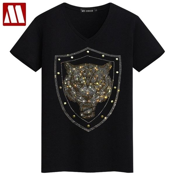 

summer short sleeve t-shirts rhinestone tiger design t shirts v-neck beading print tees blingbling basis t-shirt s-5xl 210409, White;black