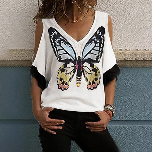 

fashion butterfly print blouse cold shoulder v-neck casual summer ladies female women short sleeve blusas pullover women's blo, White