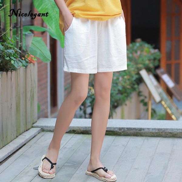 

women's shorts 2021 short cotton linen women summer art loose elastic wasit casual original solid fashion female, White;black