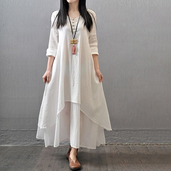 

2021spring summer women long cotton linen dress white plus size false two pieces o-neck maxi dresses office casual loose dress, Black;gray