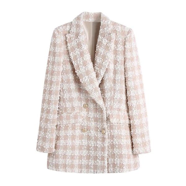 

women's suits & blazers 2021 winter women pink plaid tweed tassel jacket coat ol double breasted long sleeve outerwea casaco fe, White;black