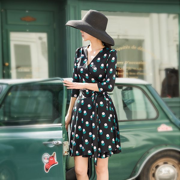 

dress xshm summer wrap skirt slim waist temperament print medium length one piece women, White;black