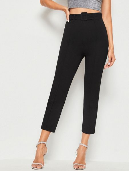 

buckle belted solid cigarette pants a9ek#, Black;white