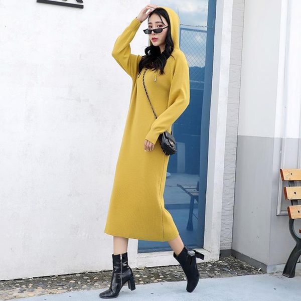 

ziamonga women autumn hooded collar long sleeve sweater dress ladies straight knitted pullover solid dresses loose vestidos casual, Black;gray