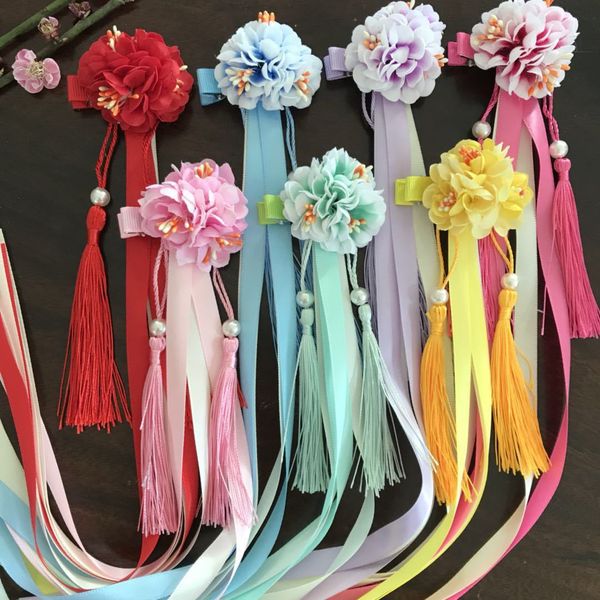 

children's chinese style silk tassel hair ornament two dimensional cla hanfu headdress cloth flower daisy ribbon hairpin, White;golden