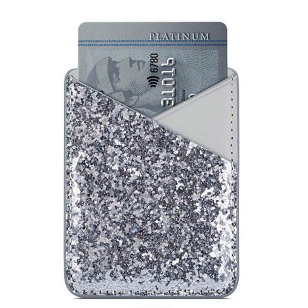 

card holders sequin decoration credit pocket wallet fashion holder stick on phone mini ultra slim self-adhesive multifunction practical, Brown;gray