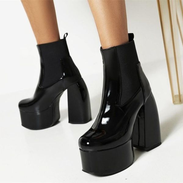 

boots customized big size 46 women's microfiber patent leather booty retro thick sole high chunky heel ankle, Black