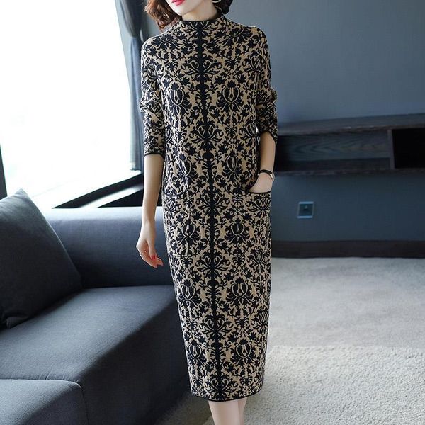 

casual dresses in female temperament long-sleeved jacquard knitting dress show thin long render wool, Black;gray