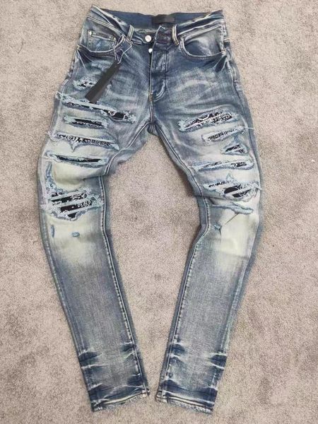 

high version spring and summer heavy industry do old wash hole paste cloth slim leg jeans men's fashion long pants thin, Blue