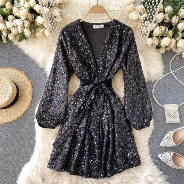 

sequined dress, deep v, puff sleeves, lace-up waist, thin, light, luxurious ladies temperament a-line skirt uk327 210507, Black;gray