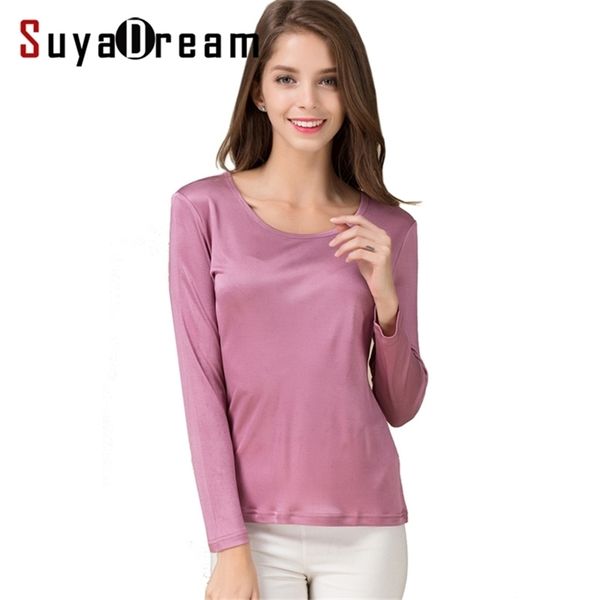 

suyadream women t shirt natural silk long sleeves o neck basic shirt fall new white black bottoming 210330