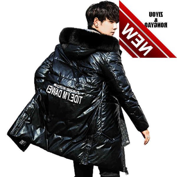 

new down jacket winter trend feather with velvet yan keep warm wear long style gloosy color casual men coat, Black