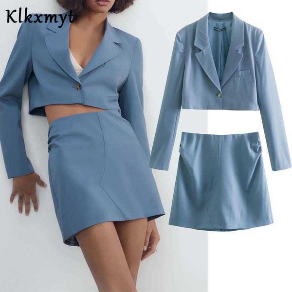 

klkxmyt za 2 pieces sets women fashion single button cropped blazers jackets and high wasit folds mini skirts 210527, White