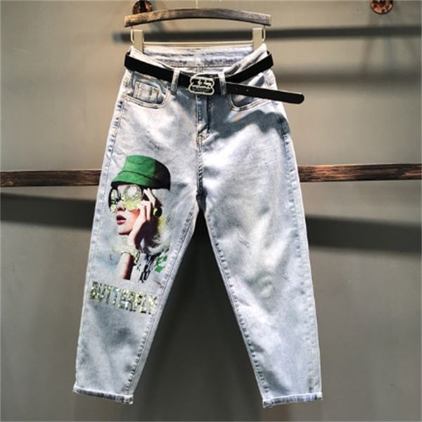 

women's jeans baggy jeans, european style, summer models, print print, drilling, women's pants, plus size 8bgr, Blue