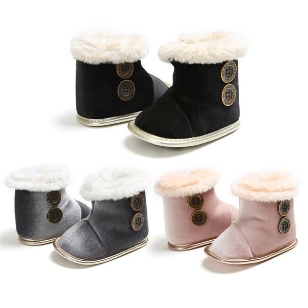 Stiefel Winter Baby Junge Mädchen Wildleder Schneeschuhe Weiche Sohle Knöpfe Dekor Kleinkind Plüsch Gefüttert Prewalker Fleece 0-18M