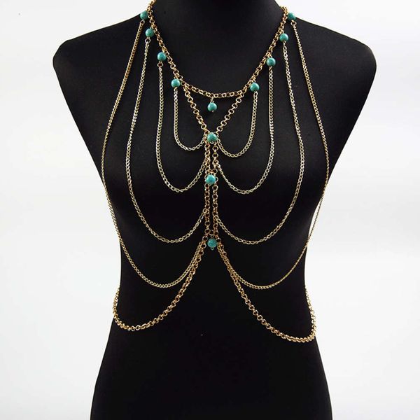 

body chain bikini tassel natural turquoise body chain necklace, Silver