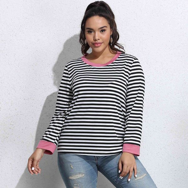 

plus size dresses hy363023# stripe round ne long sleeve t-shirt loose large wear