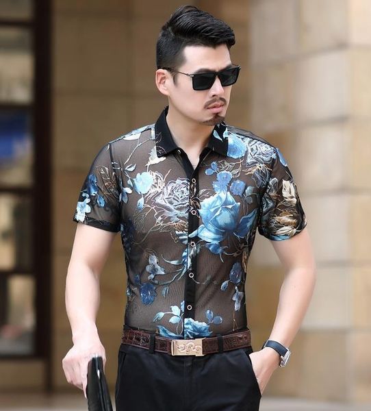 

men's casual shirts trendy fashion mens silk summer short sleeve see through transparent shirt men mesh formal flower slim thin, White;black