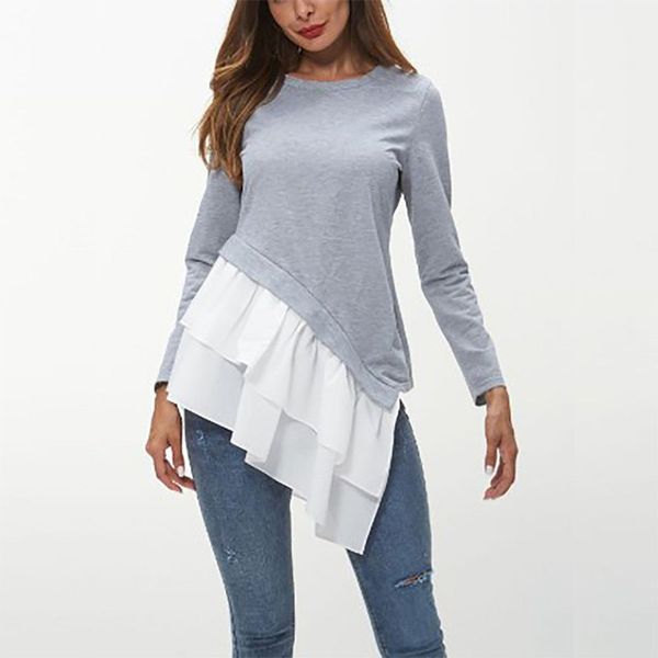 

women's t-shirt long sleeve splicing ruffle spring new, White