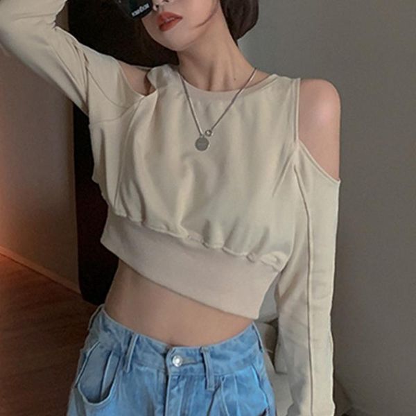 

women's hoodies & sweatshirts crop off shoulder female o-neck solid long sleeve short pullover fashion women casual streetwear autumn, Black