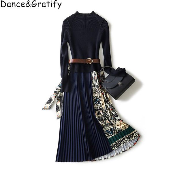 

casual dresses designer women winter autumn long sleeve fashion knitting patchwork sweater dress vintage print midi pleated, Black;gray