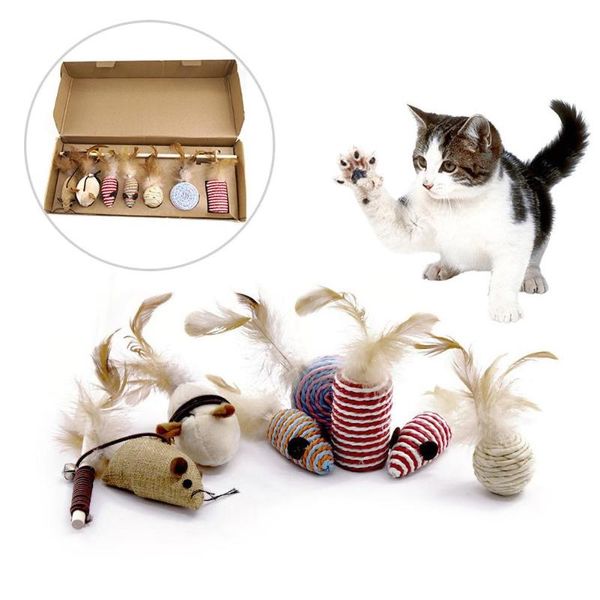 

7pcs feather false mouse stick teaser wand ball pet chewing sisal toy set cat toys