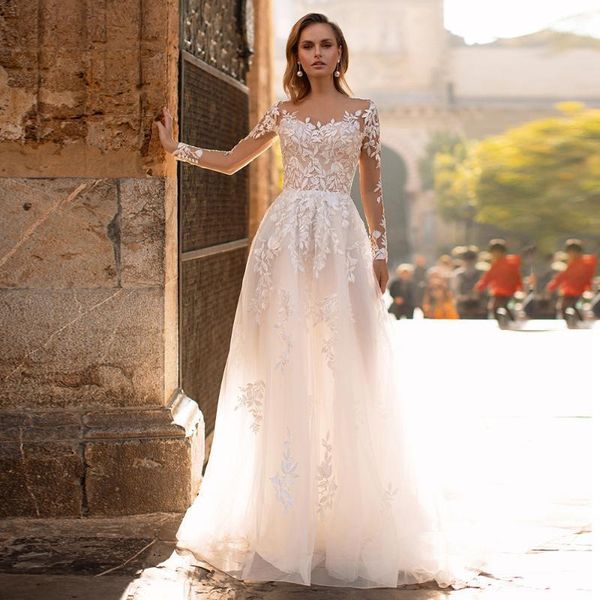 

other wedding dresses bridalaffair fashion sweep train tulle a line scoop neck long sleeve lace applique bridal gowns1, White