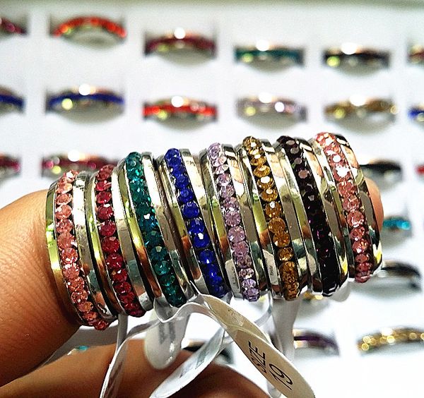 

36pcs one row rhinestone full circle stainless steel band rings multi-color whole lots, Golden;silver