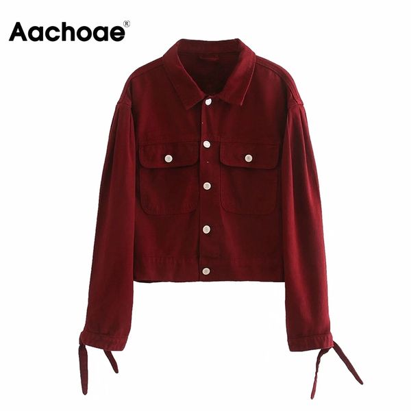 Aachoee vintage vinho vermelho denim jaqueta para mulheres gravata borboleta manga comprida casaco de moda com bolsos recusar jaqueta de calça jeans 210413