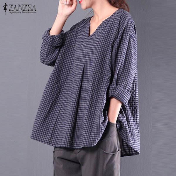 

women's knits & tees 2021 zanzea women autumn v neck long sleeve check plaid casual cotton linen blouse retro tartan pullover, White