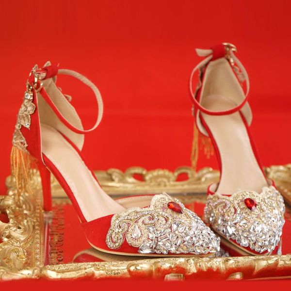 

dress shoes sandals 2021 women's shoes, bride crystal high heels and red pointed wedding dress., Black