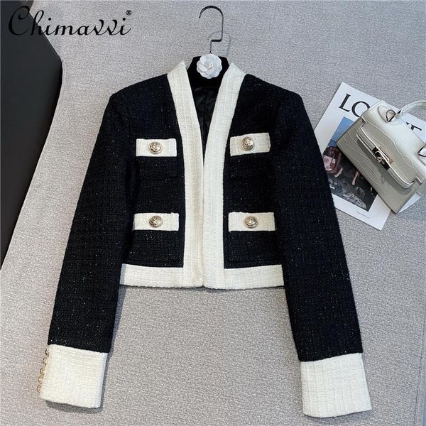 

women's jackets french style 2021 winter retro hemming color contrast v-neck quilted long sleeve woolen short coat for women, Black;brown