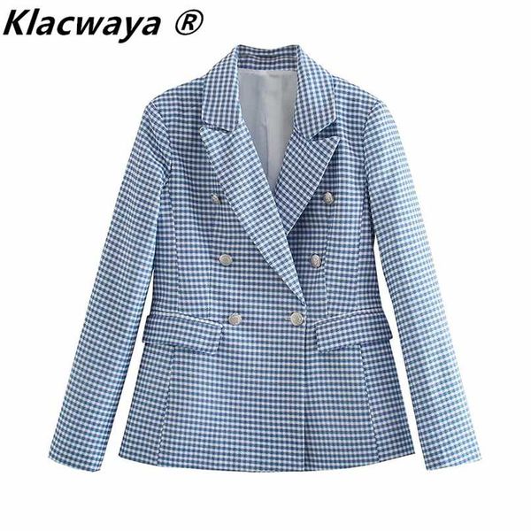 

klacwaya women blazer plaid printing double-breasted long sleeve coat ladies office blazers casual suit jacket 211019, White;black