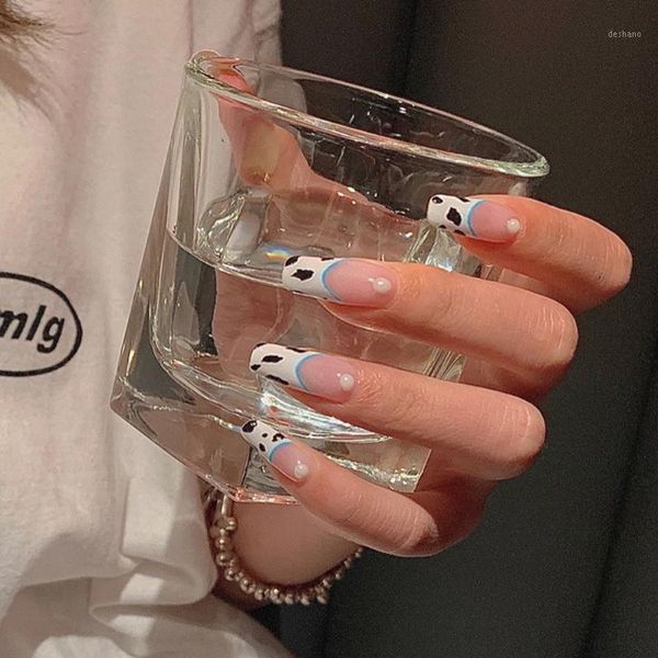 

24pcs false nails with cow pattern pearl designs long coffin fake artificial full cover nail art tips press on1, Red;gold