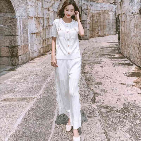 

arrival fashion summer pants suit female metal buckle hollow short-sleeved sweater + wide leg two-piece set 210520, White