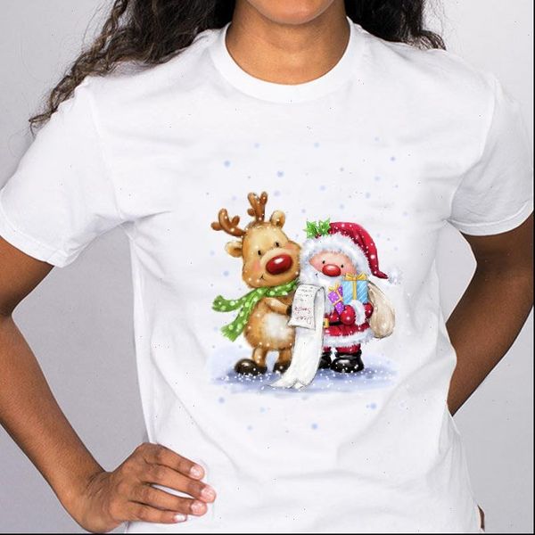 

graphic deer snow santa womens t shirt claus cartoon 90s merry christmas clothes print lady tees clothing female, White