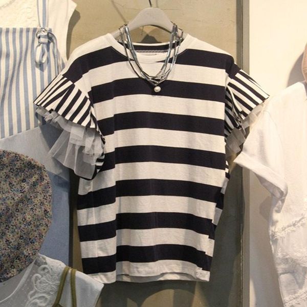 

summer women's shirt korean round neck striped lace t-shirt loose casual female slimming lh317, White